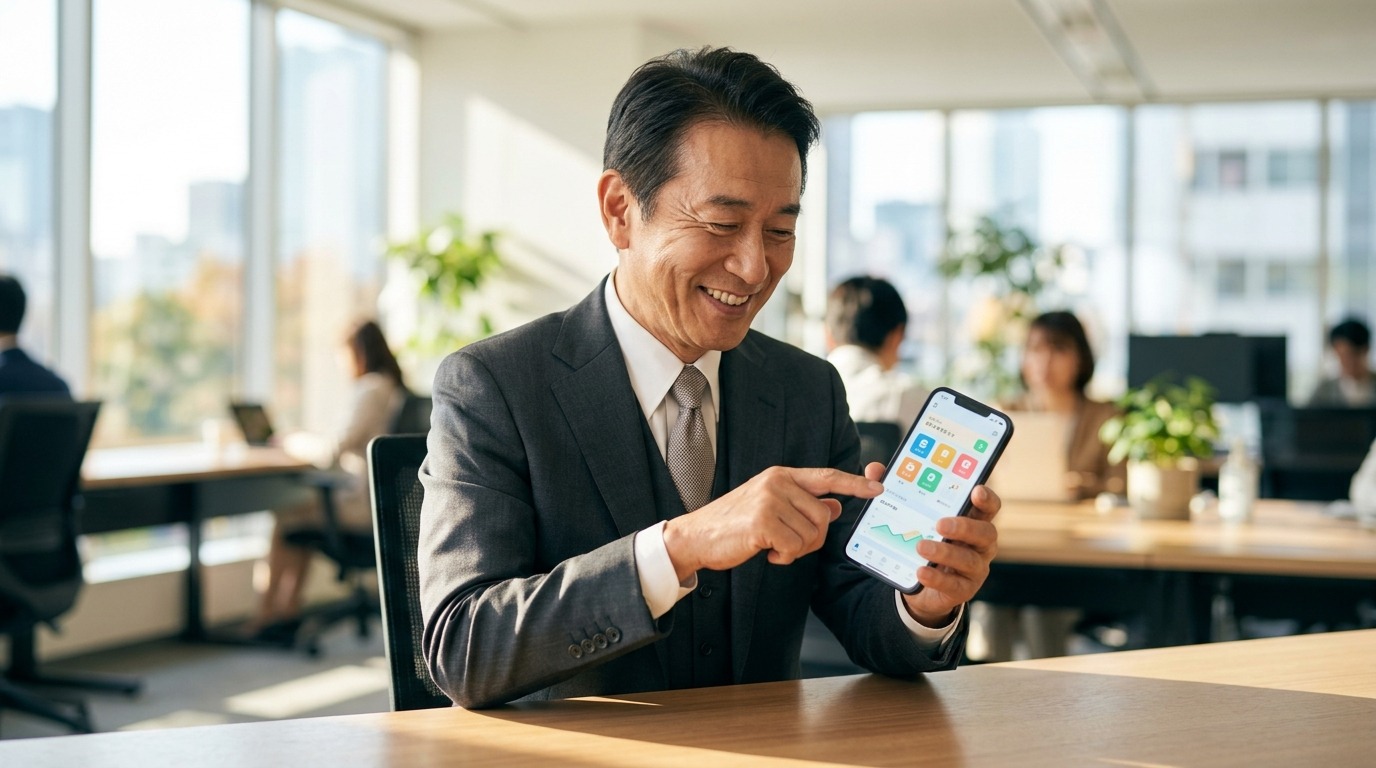 スマートフォンを笑顔で操作する年配の経営者