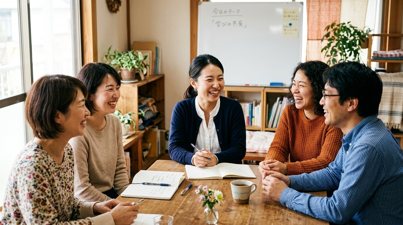 和やかな学びの場でリラックスして笑う参加者たち
