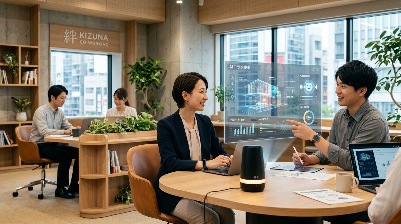 AIと人が協働する近未来的なオフィスで働くビジネスパーソン