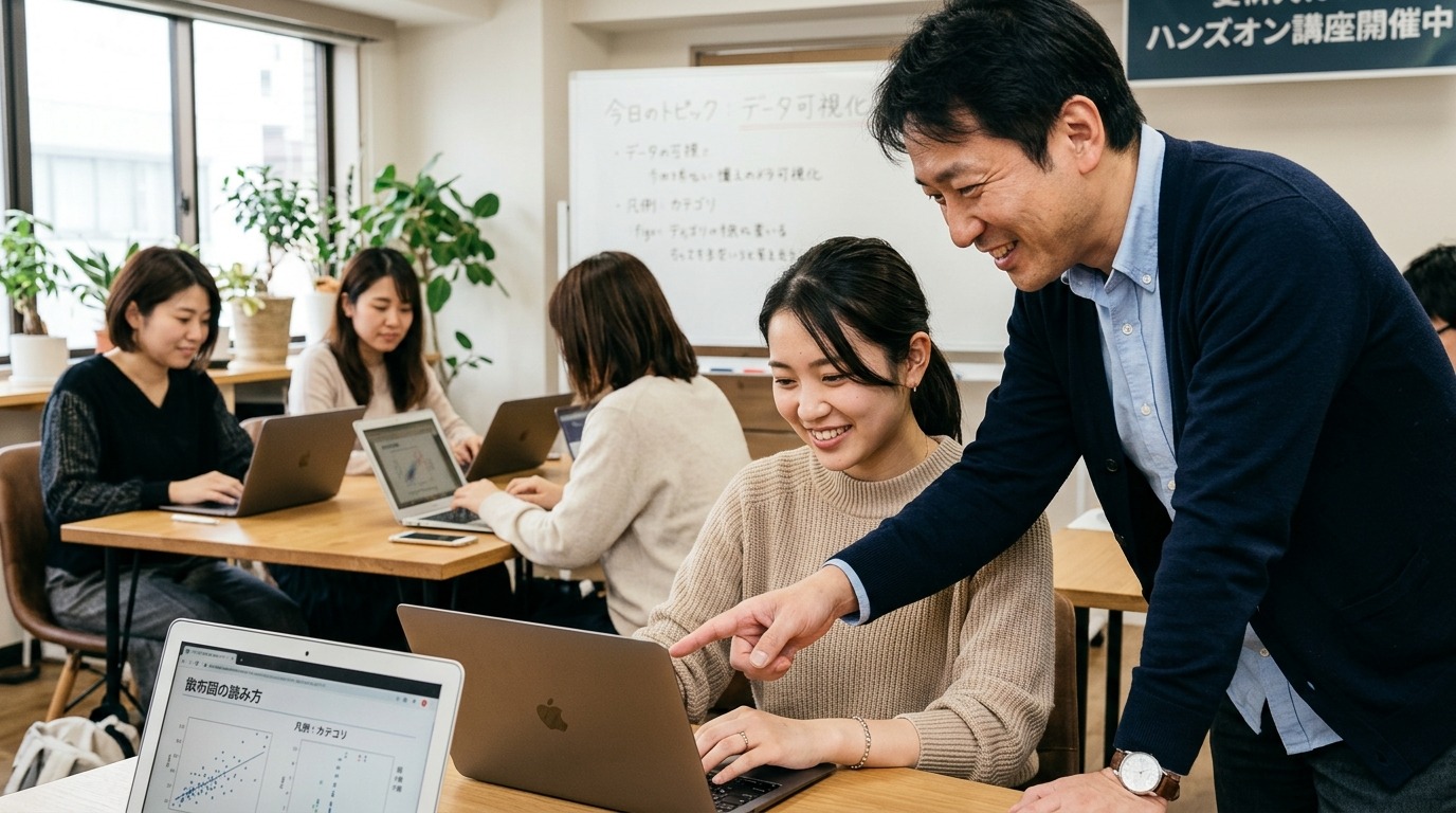 講師が参加者のパソコン画面を横で教えている場面