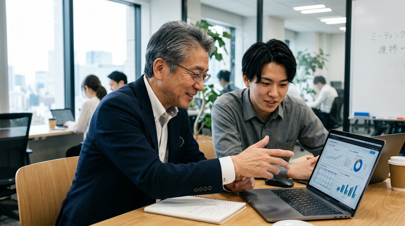 経営者と若手社員がノートパソコンを一緒にのぞき込む場面